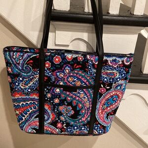 VERA BRADY FLORAL Parisian paisley TOTE WITH Blk LEATHER STRAPS 14in strap